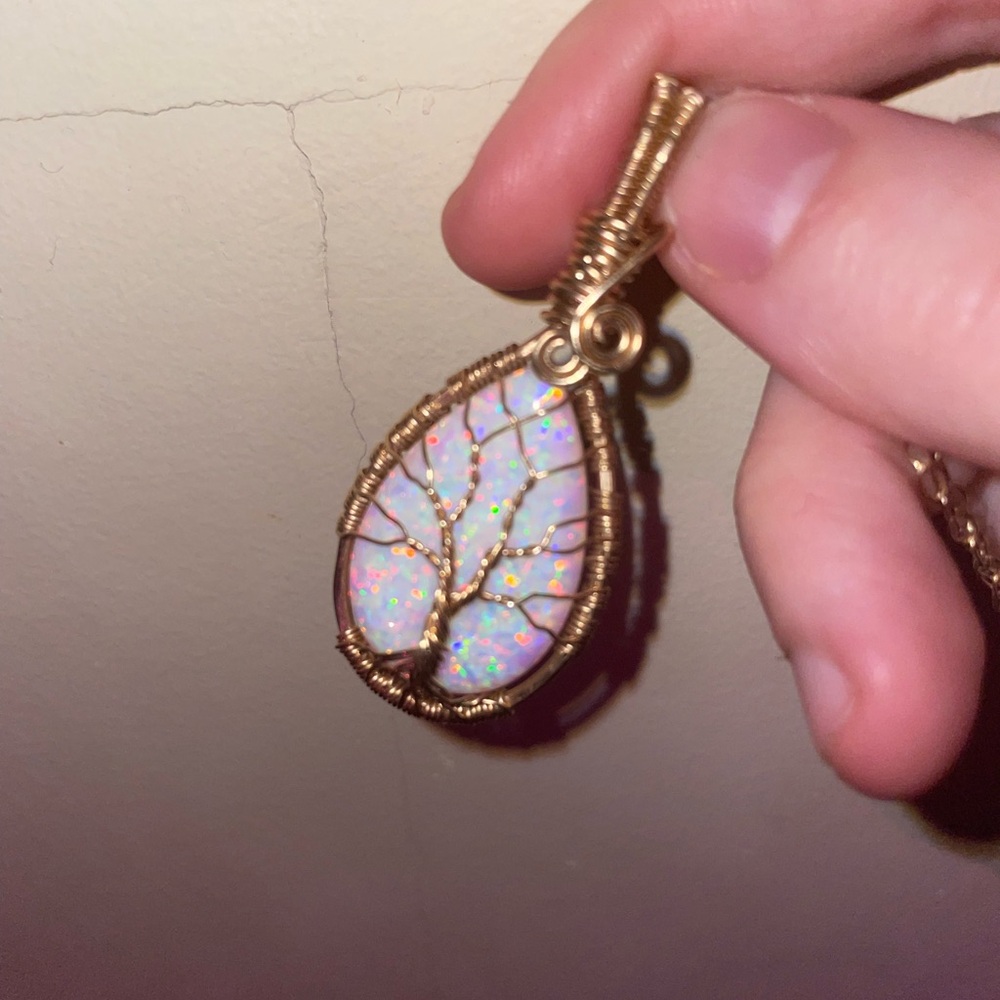 Gold Wire Wrapped Opal Pendant Necklace